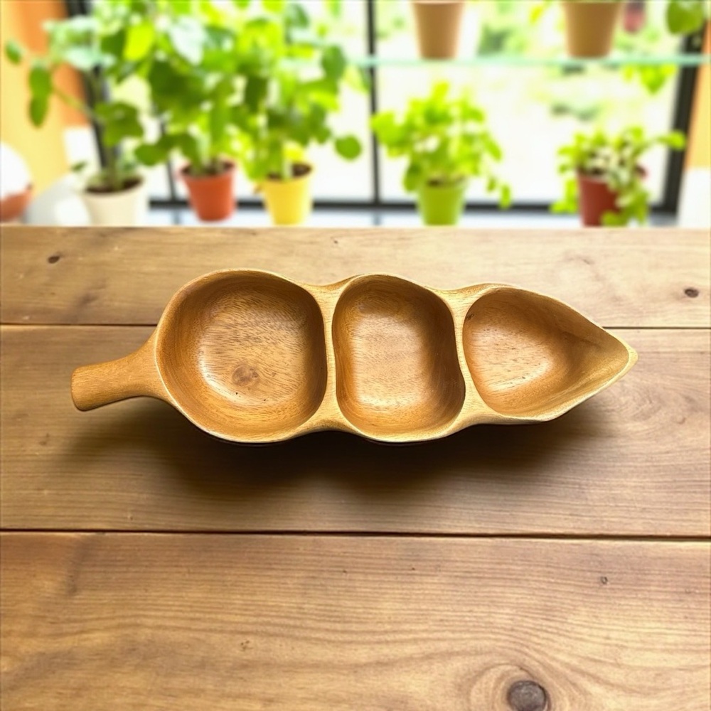 Mid-Century Wooden Monkey-Pod Triple Section Serving Tray